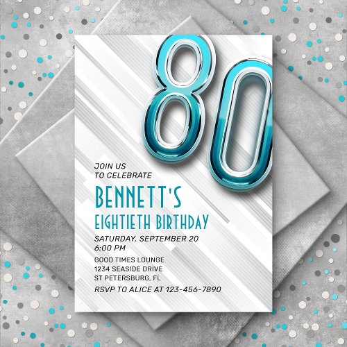 Modern Adult Teal 80th Birthday Invitation