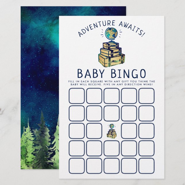 Modern Adventure Travel Globe Baby Shower Bingo (Front/Back)