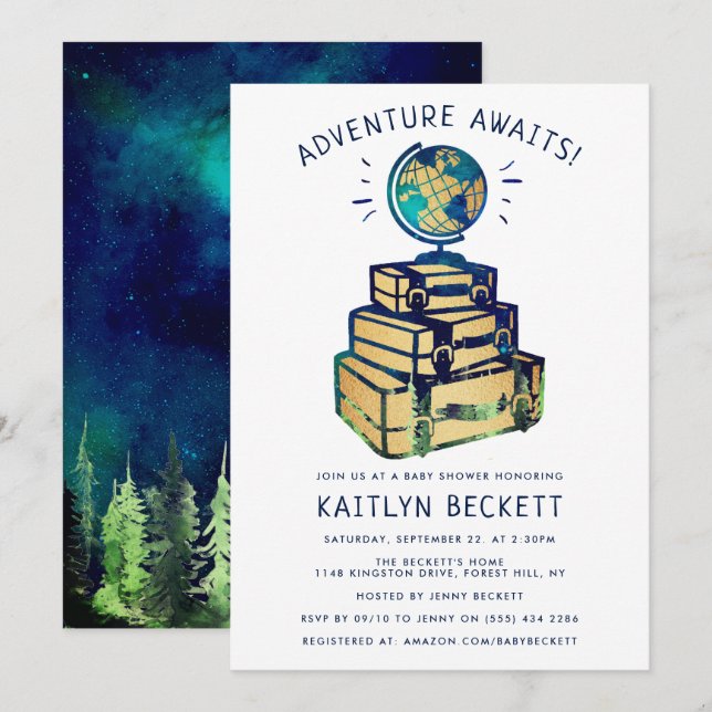 Modern Adventure Travel Globe Baby Shower Invitation (Front/Back)