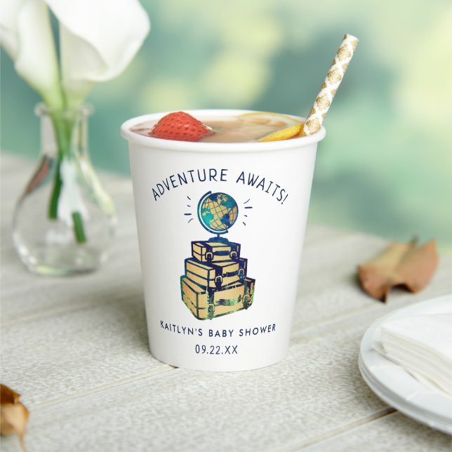 Modern Adventure Travel Globe Baby Shower Paper Cups (Insitu)