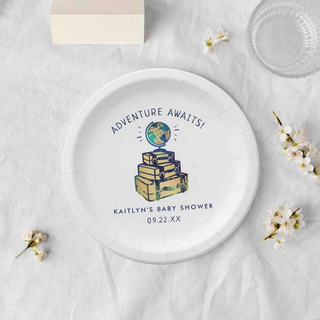Modern Adventure Travel Globe Baby Shower Paper Plates (Creator Uploaded)