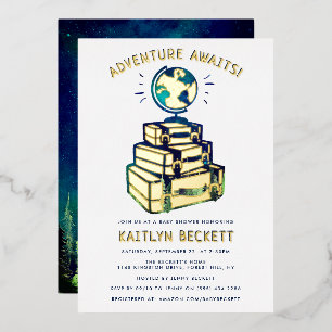 Modern Adventure Travel Globe Baby Shower Real Foil Invitation