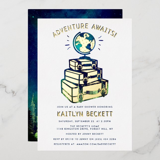 Modern Adventure Travel Globe Baby Shower Real Foil Invitation (Front/Back)