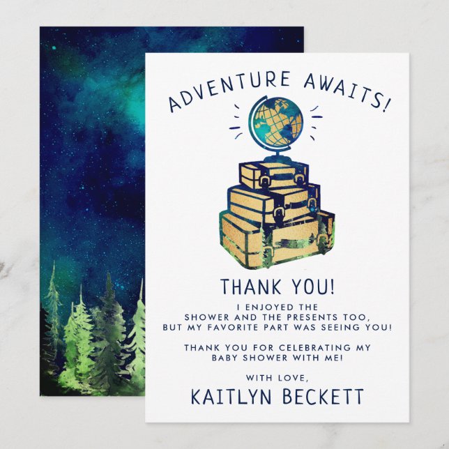 Modern Adventure Travel Globe Baby Shower Thank You Card (Front/Back)