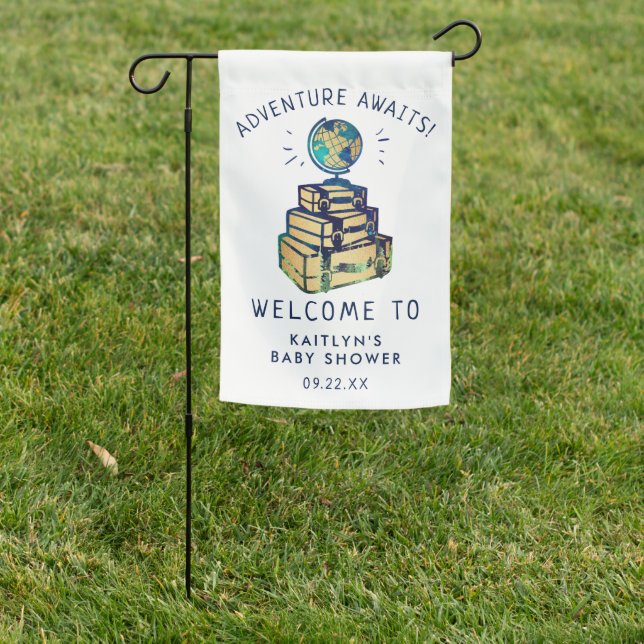 Modern Adventure Travel Globe Baby Shower Welcome Garden Flag (In SItu)
