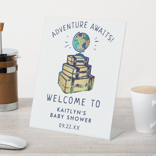 Modern Adventure Travel Globe Baby Shower Welcome Pedestal Sign (In SItu)