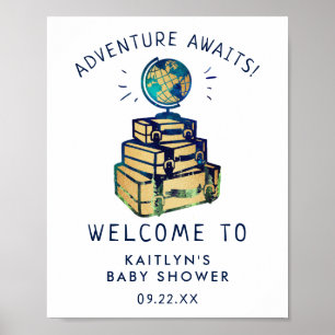 Modern Adventure Travel Globe Baby Shower Welcome Poster