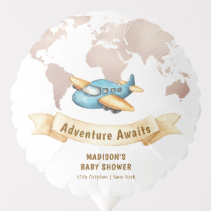 Modern Adventure World Map Airplane Baby Shower Balloon