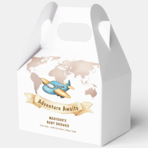 Modern Adventure World Map Airplane Baby Shower Favor Boxes