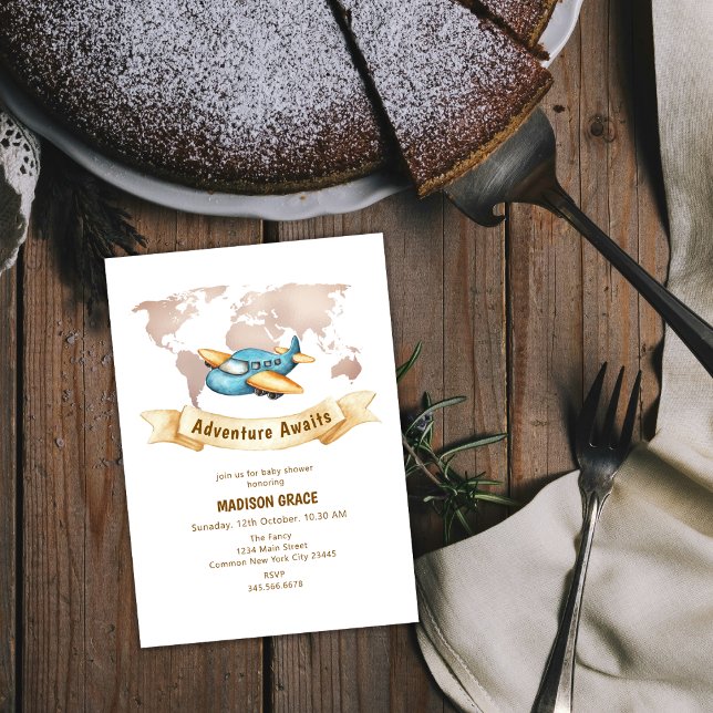 Modern Adventure World Map Airplane Baby Shower Invitation (Modern Adventure World Map Airplane Baby Shower Invitation)