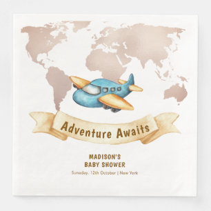 Modern Adventure World Map Airplane Baby Shower Paper Dinner Napkins