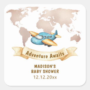 Modern Adventure World Map Airplane Baby Shower Square Sticker