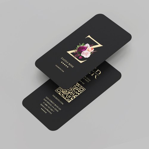 Modern Aesthetic Monogram Z Floral Black Gold Business Card