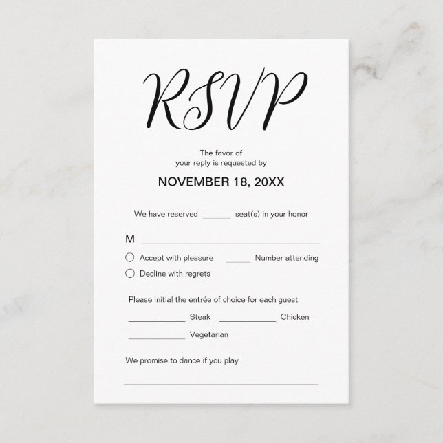 Modern aesthetic, Wedding Dinner RSVP, Respond Enclosure Card (Front)