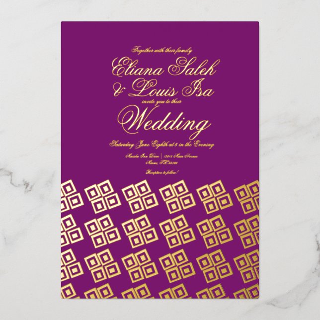 Modern African Ankara Purple Wedding Pressed Foil Invitation (Front)