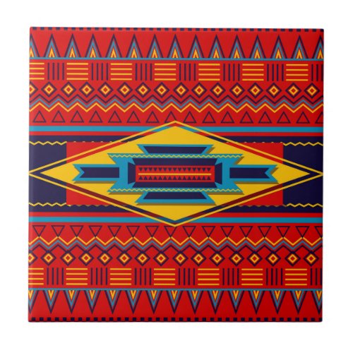 Modern African Art Gods Eye Pattern Red Yellow Ceramic Tile