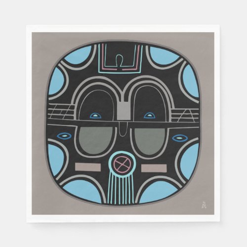 Modern African Tribal Mask Gray Blue and Black Napkins