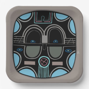 Modern African Tribal Mask Gray Blue and Black Paper Plates