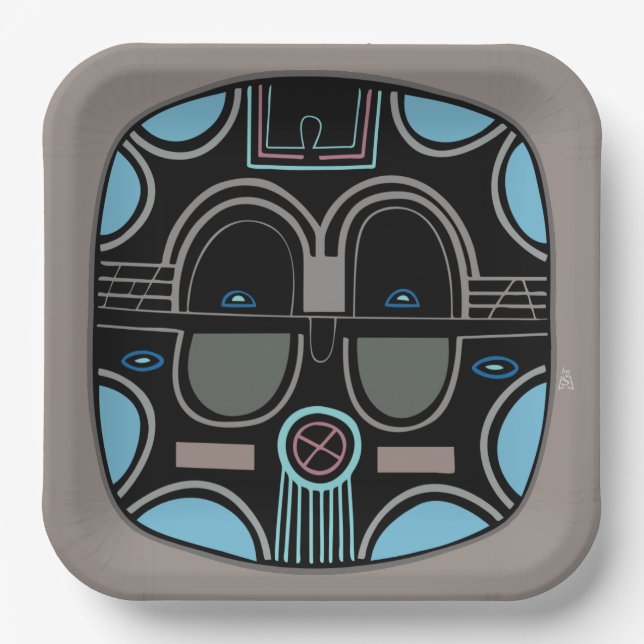 Modern African Tribal Mask Gray Blue and Black Paper Plates (Front)