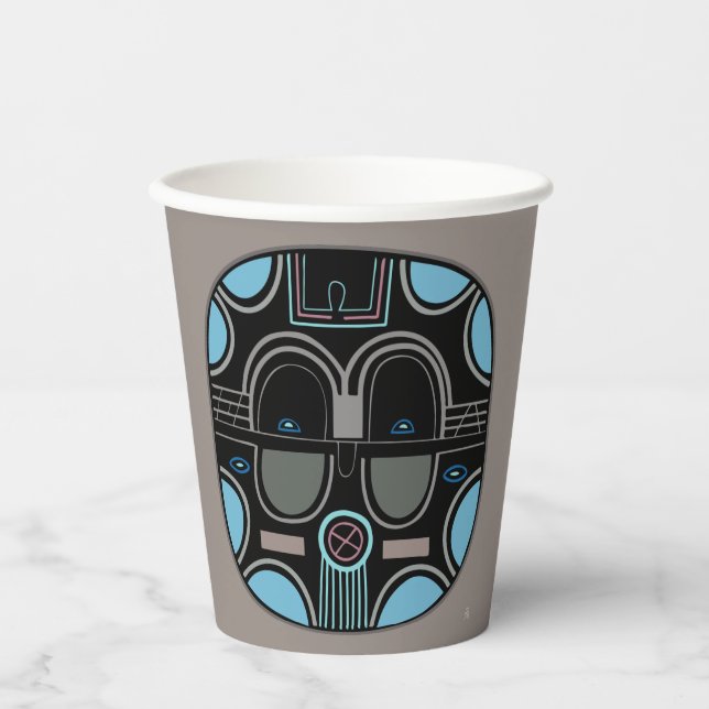 Modern African Tribal Mask in Gray Blue Black Paper Cups (Front)