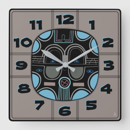 Modern African Tribal Mask in Gray Blue Black Square Wall Clock