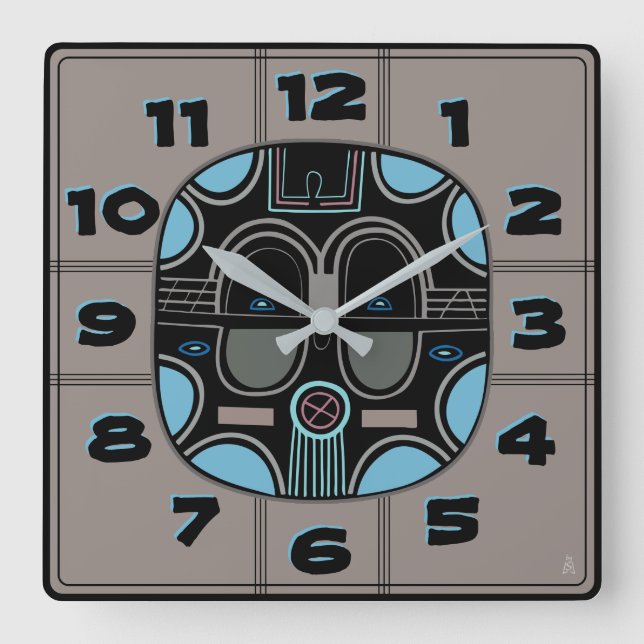 Modern African Tribal Mask in Gray Blue Black Square Wall Clock (Front)