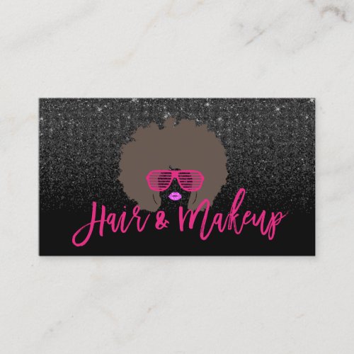 Modern Afro Hair Girl Hot Pink Black Glitter Salon Business Card