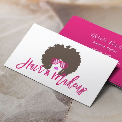 Modern Afro Hair Girl Hot Pink Script Beauty Salon Business Card