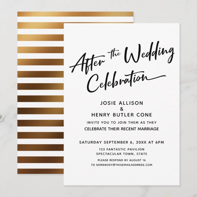 Modern After the Wedding Celebration Gold Stripes Invitation (Front/Back)
