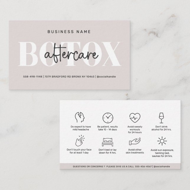 Modern Aftercare Botox Instructions  Business Card (Front/Back)