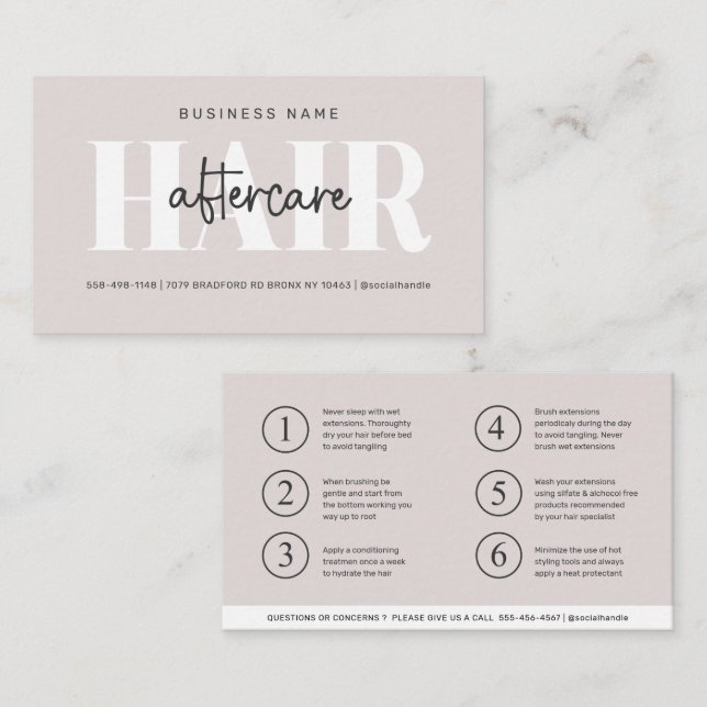Modern Aftercare Hair Instructions Business Card (Front/Back)