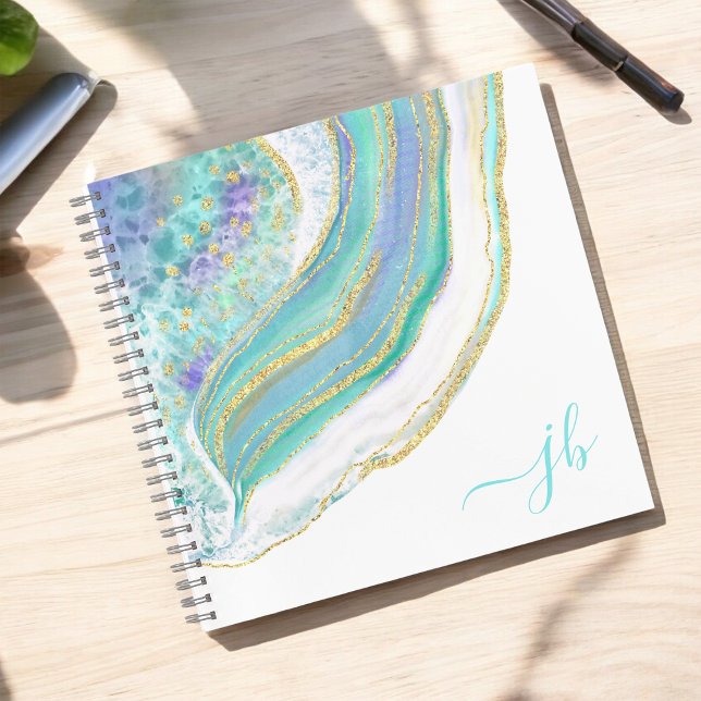 Modern Agate Aqua Purple Gold with Monogram Notebook (Personalize with your monogram initials for a stylish custom notebook.)