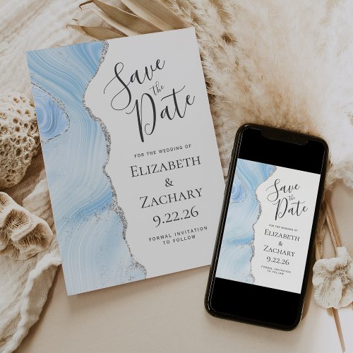 Modern Agate Baby Blue Silver Save the Date Card