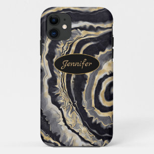 Modern Agate Black & Gold Crystal Personalize iPhone 11 Case