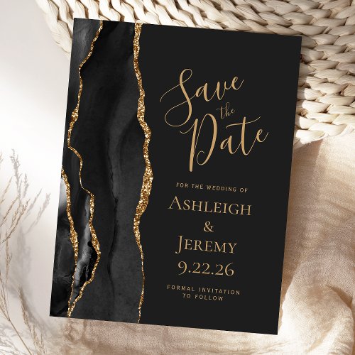 Modern Agate Black Gold Dark Save the Date Postcard