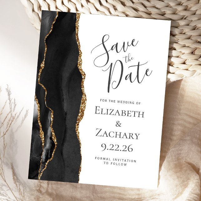 Modern Agate Black Gold Save the Date Announcement Postcard (Creator Uploaded)