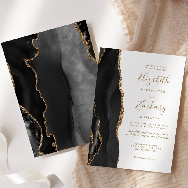 Modern Agate Black Gold Wedding Invitation (Creator Uploaded)