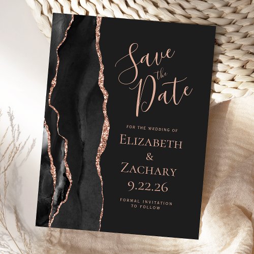 Modern Agate Black Rose Gold Dark Save the Date Announcement Postcard