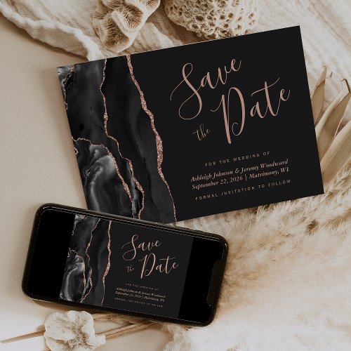 Modern Agate Black Rose Gold Dark Save the Date Invitation