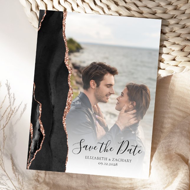 Modern Agate Black Rose Gold Save the Date Announcement Postcard (Creator Uploaded)