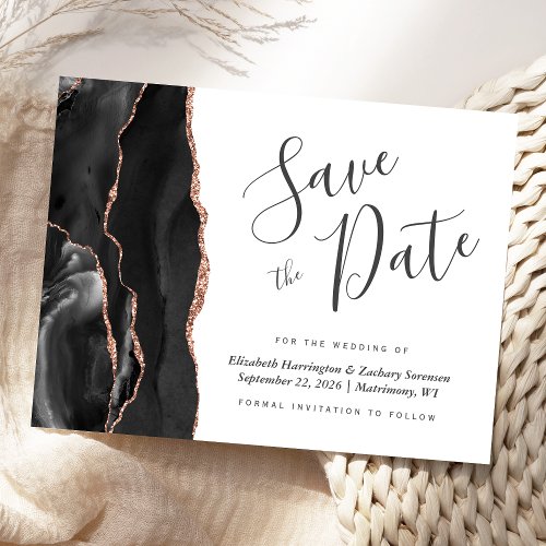 Modern Agate Black Rose Gold Save the Date Announcement Postcard