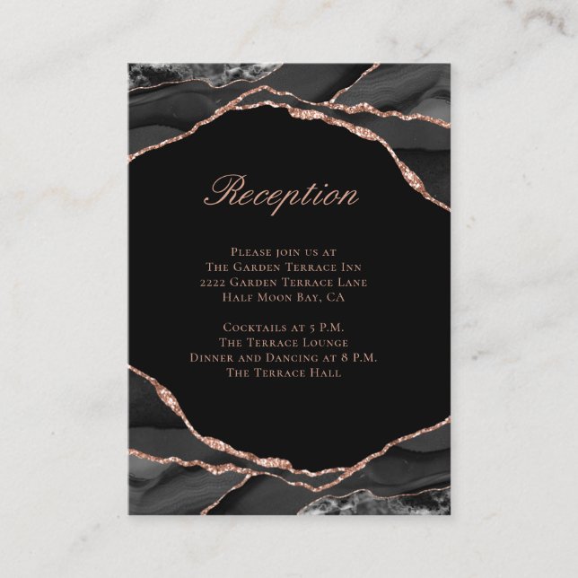 Modern Agate Black Rose Gold Wedding Reception Enclosure Card (Front)