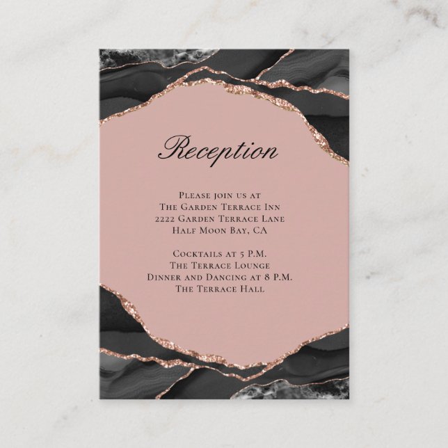 Modern Agate Black Rose Gold Wedding Reception Enclosure Card (Front)