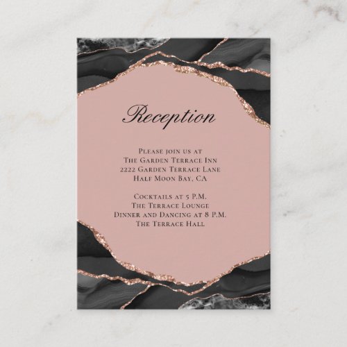 Modern Agate Black Rose Gold Wedding Reception Enclosure Card