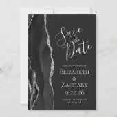 Modern Agate Black Silver Dark Save the Date Announcement (Front)
