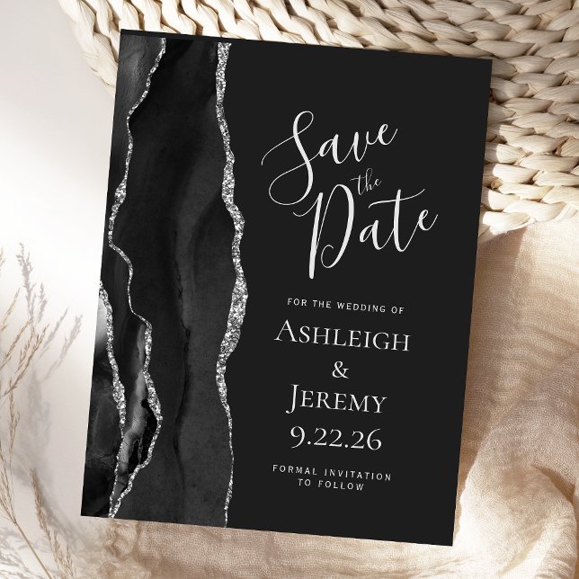 Modern Agate Black Silver Dark Save the Date Postcard (Creator Uploaded)