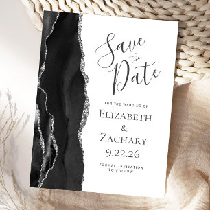 Modern Agate Black Silver Save the Date Announcement Postcard