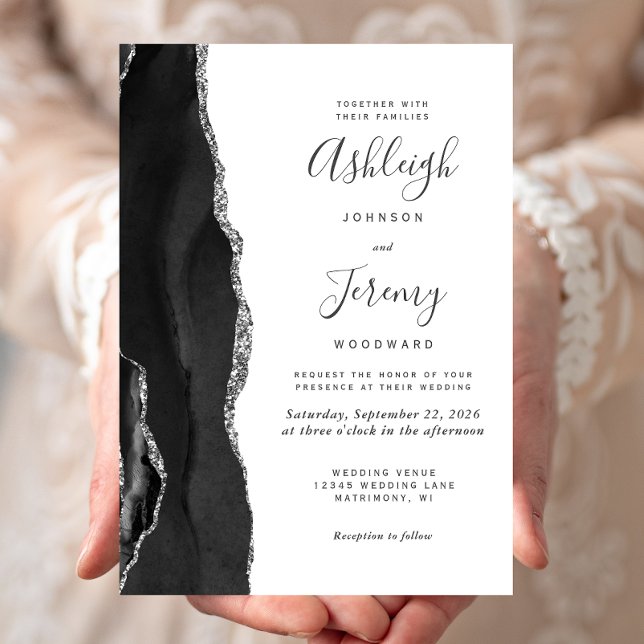 Modern Agate Black Silver Wedding Invitation (Creator Uploaded)