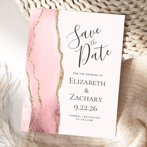 Modern Agate Blush Gold Save the Date Announcement