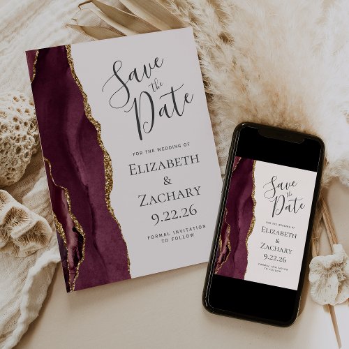 Modern Agate Burgundy Gold Blush Save the Date Invitation